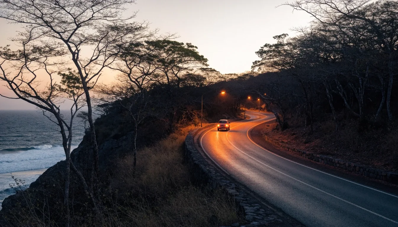 Curva de carretera costera al atardecer entre árboles, con el mar al fondo