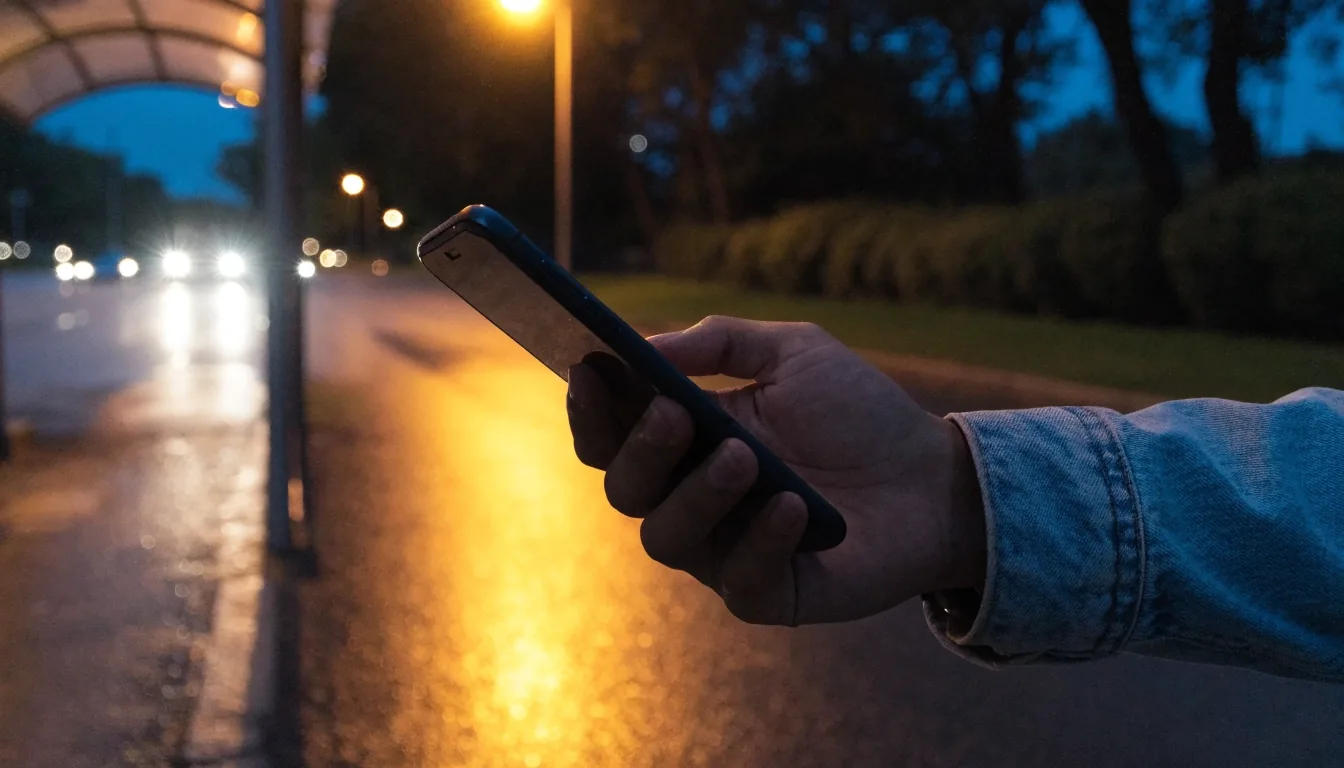 Mano sosteniendo un teléfono en una parada de autobús al anochecer en las afueras de San José