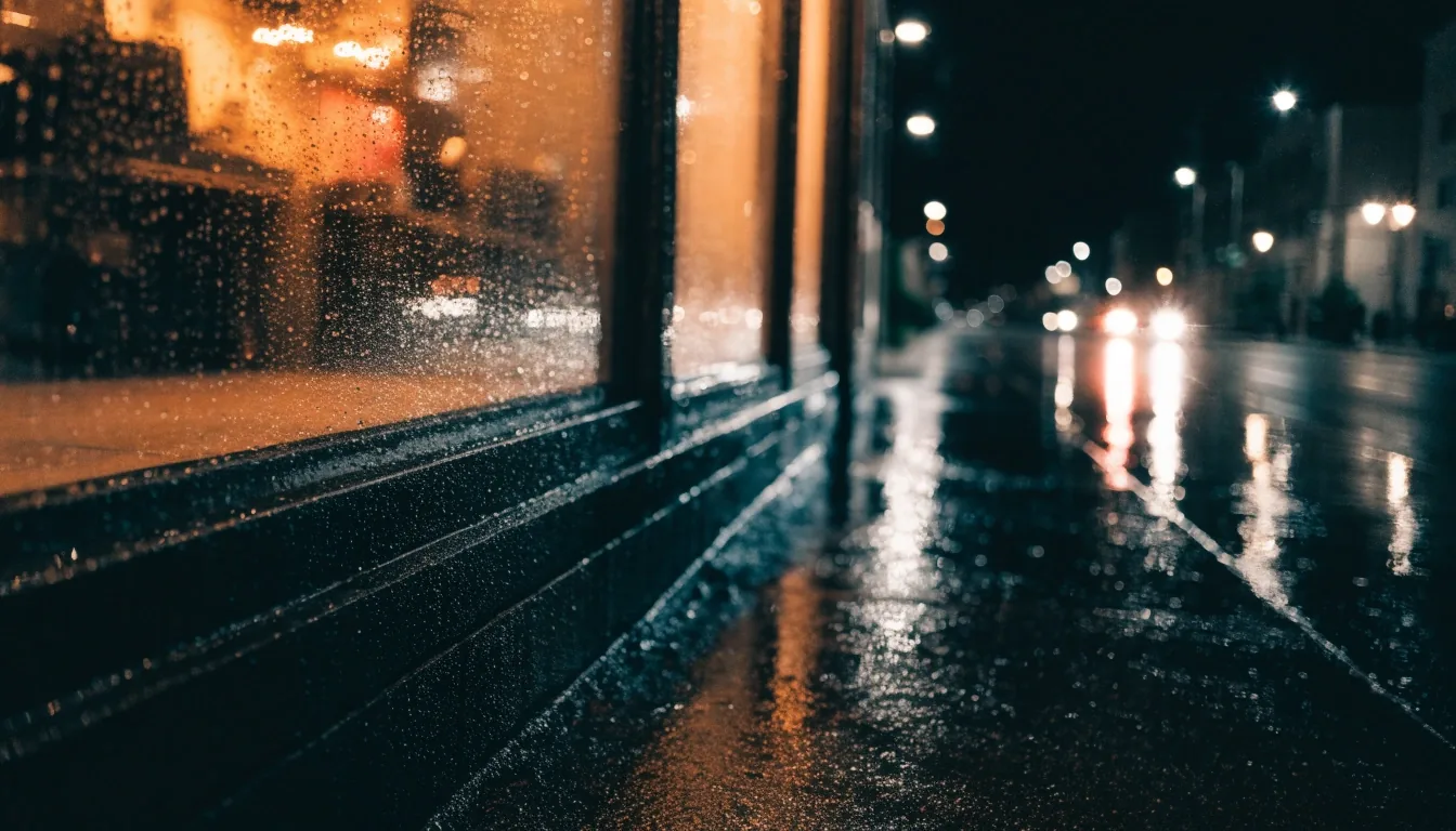 Lluvia sobre el vidrio de un local iluminado por la noche en San José