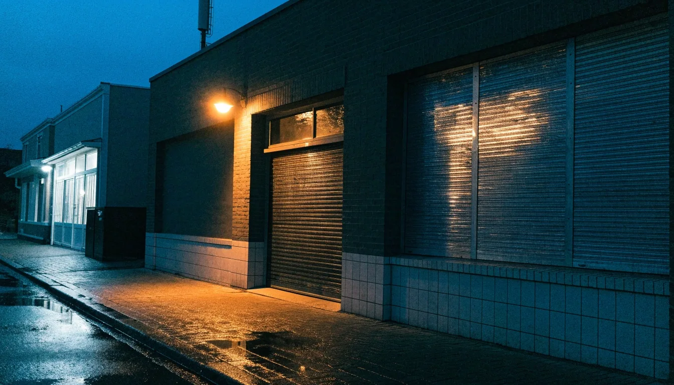 Oficina de atención en San José al anochecer, bajo luz cálida de sodio, sin rótulos visibles